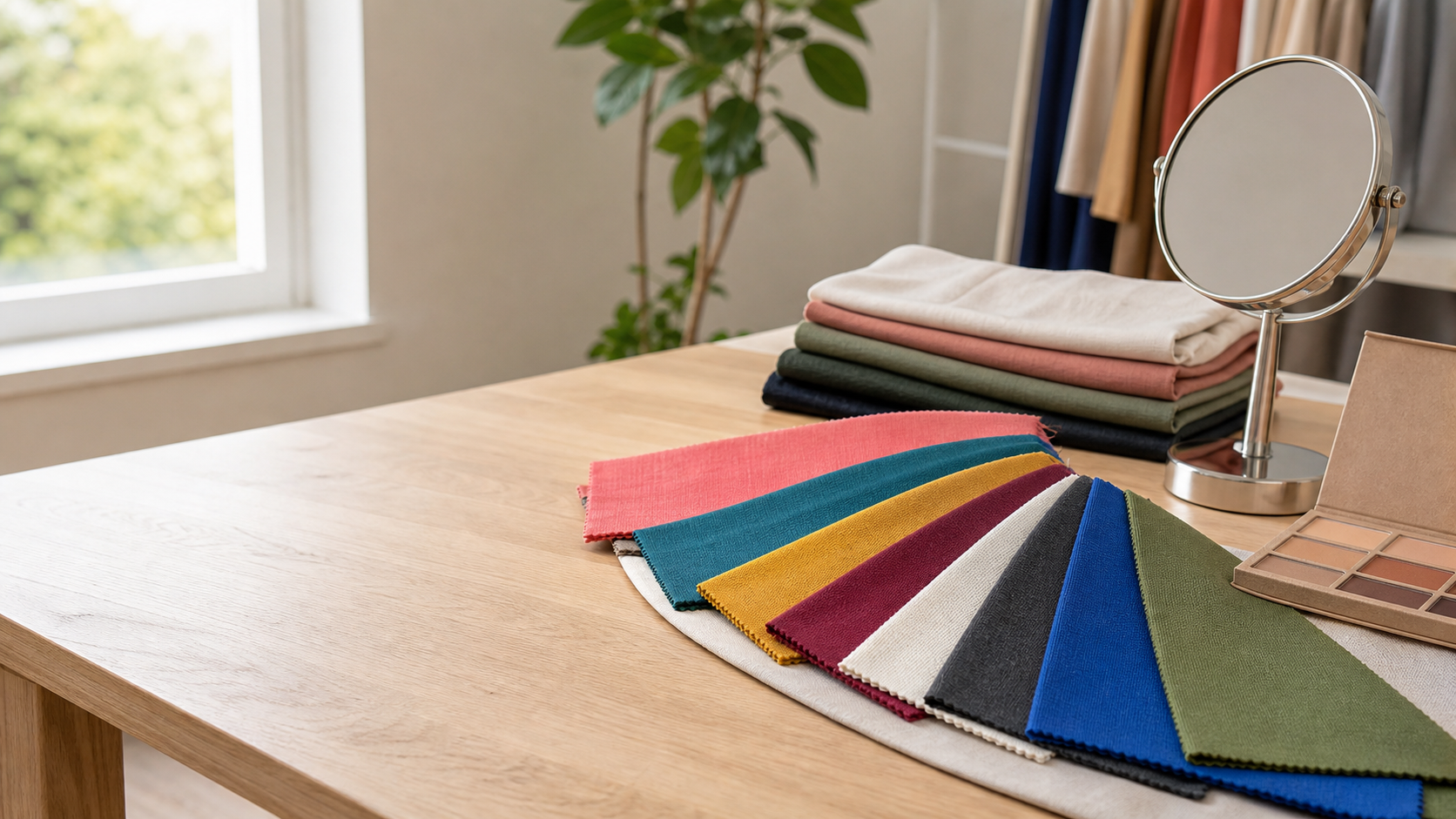 A personal styling table with colorful fabric swatches, a mirror, and makeup palette